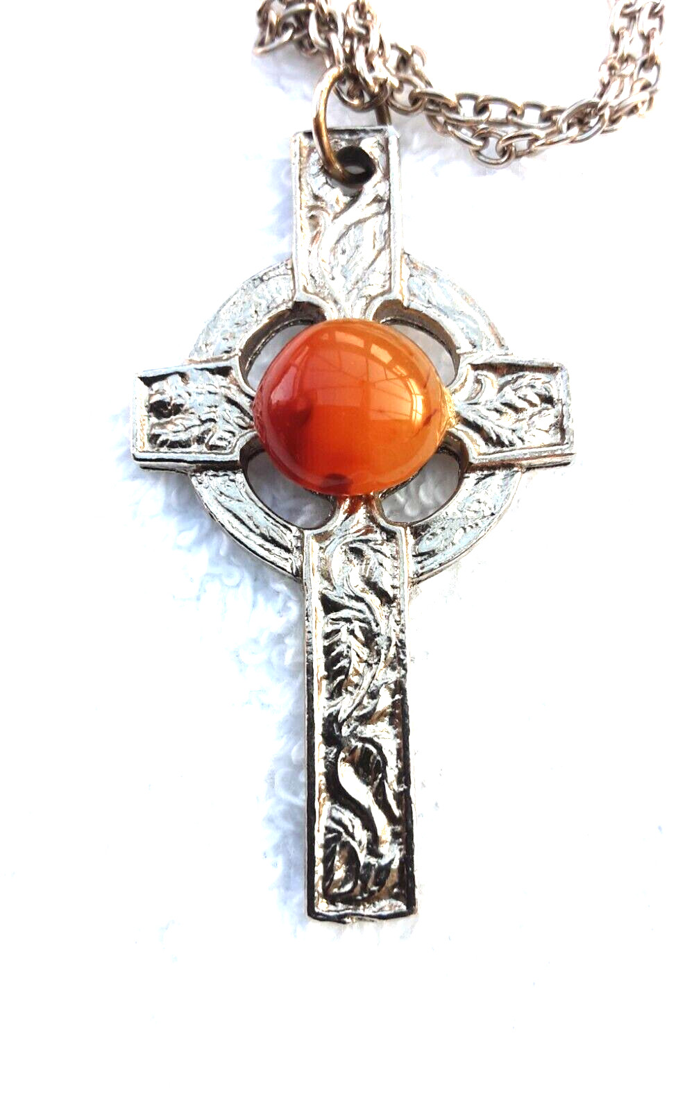 Vintage Pewter Celtic Cross Pendant Necklace Citrine blood orange Glass Stone