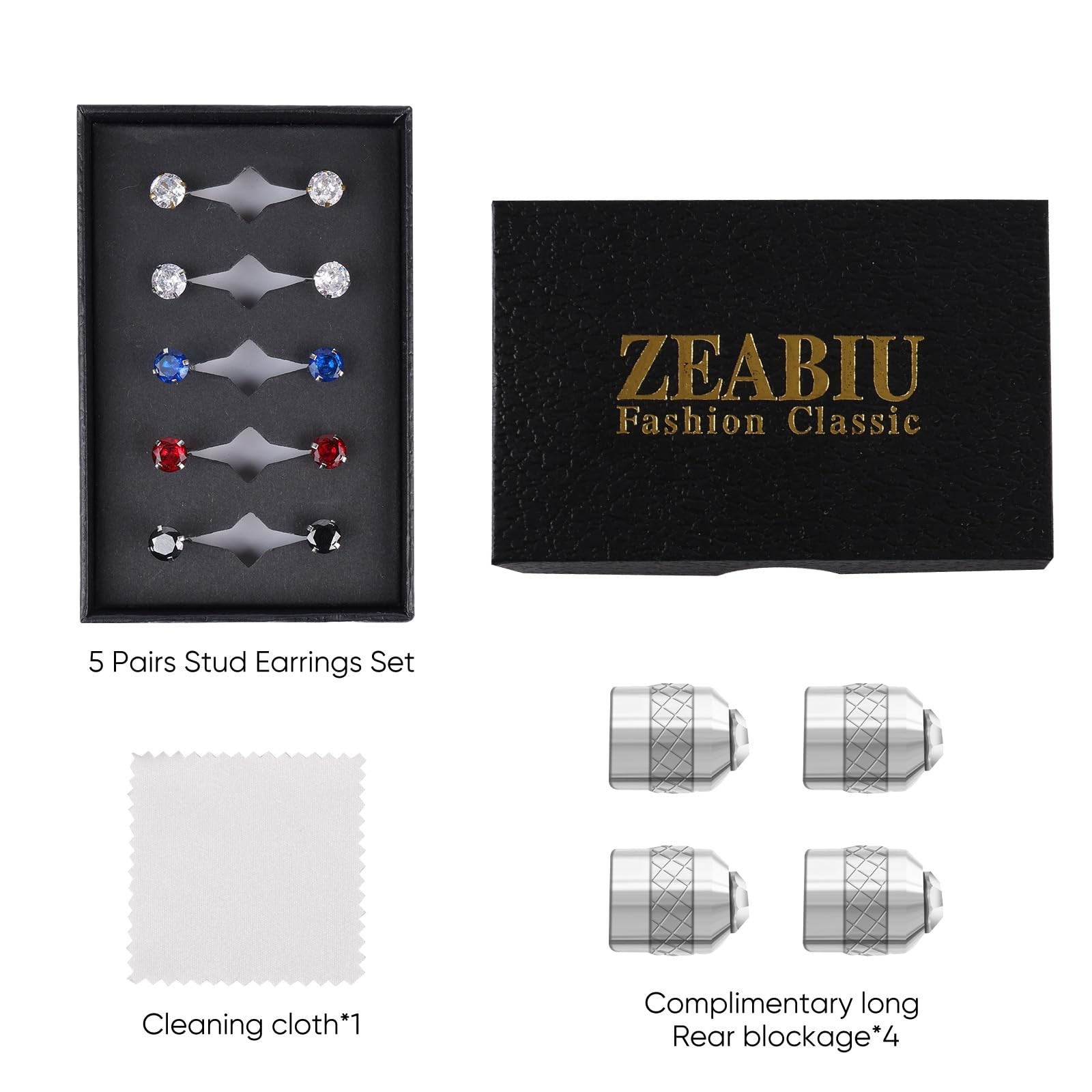5 Pairs Flat Back Stud Earrings for Women, (5mm)x5, Blend Gem(Steel Color)