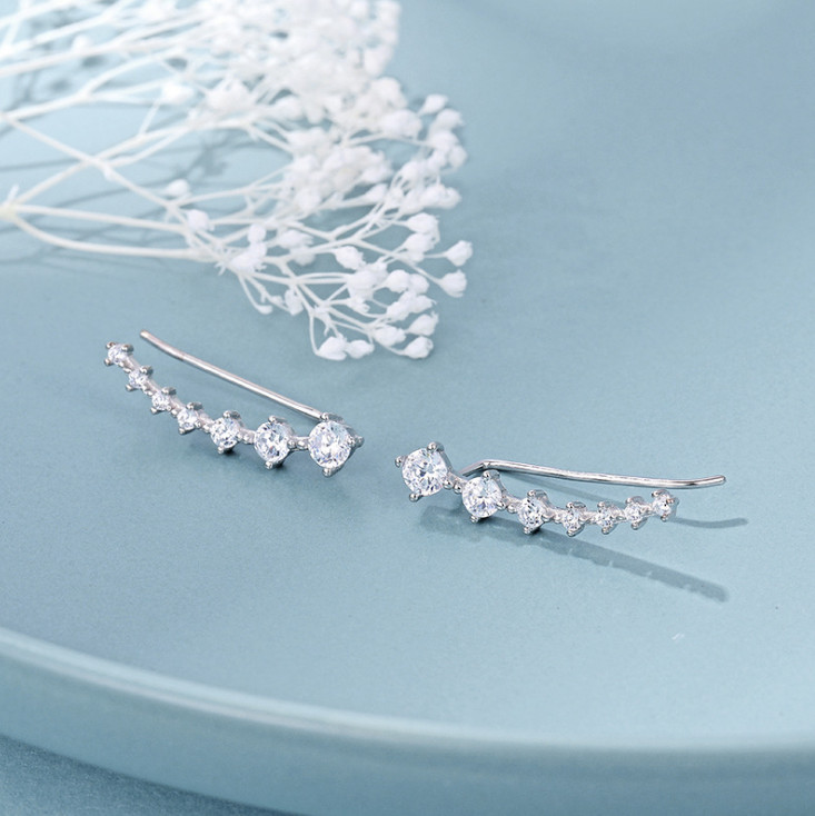 925 Sterling Silver Ear Crawler Cuff Climber Earrings Crystal CZ Charm Gift Rose