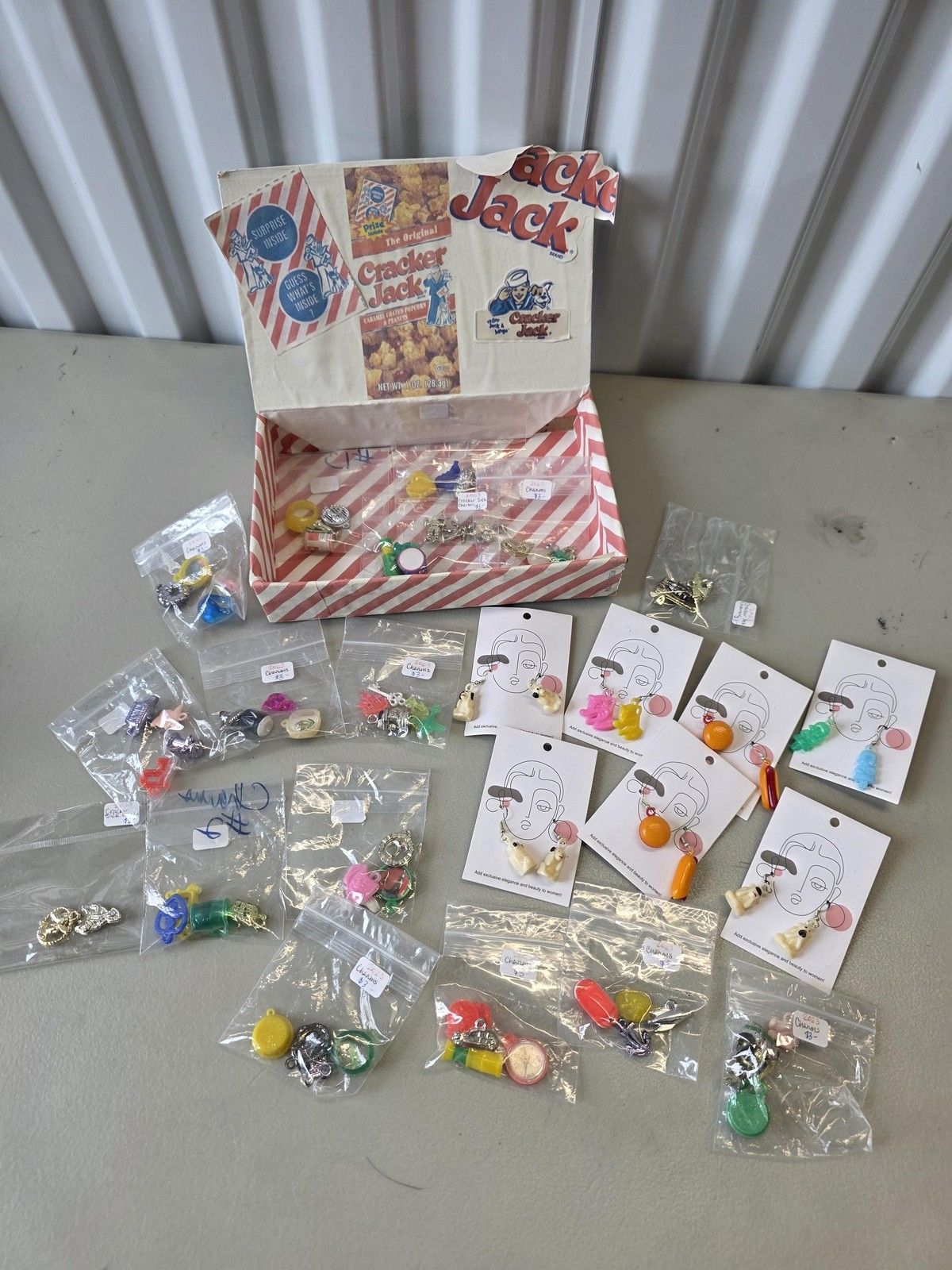 Vintage Cracker Jack Prize Charm Jewelry Lot Plastic Metal Charms Earrings Boxed