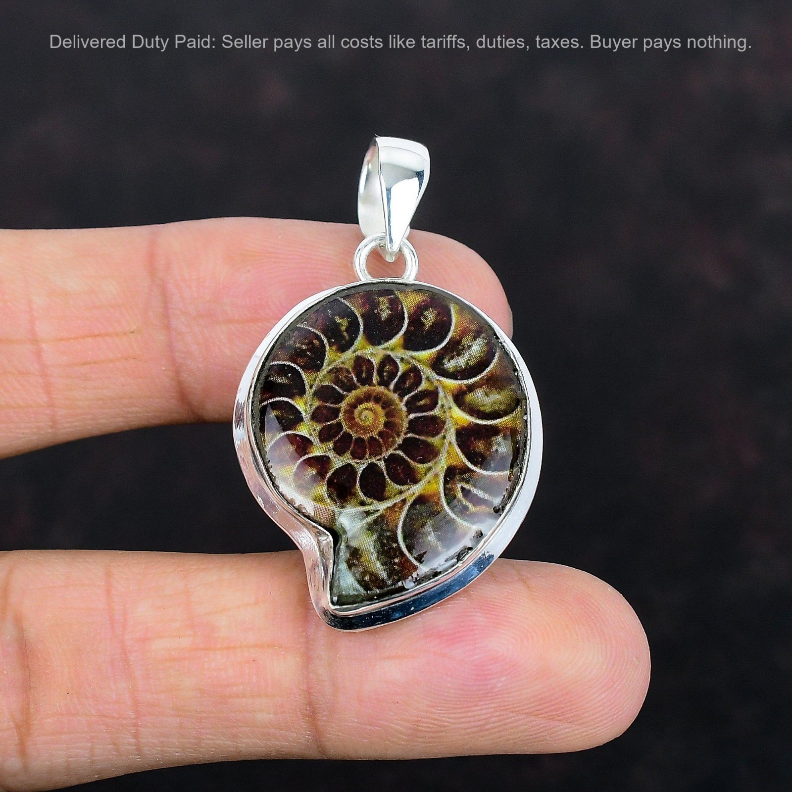 Ammonite Fossil Pendant 925 Sterling Silver Jewelry Natural Gemstone Pendant