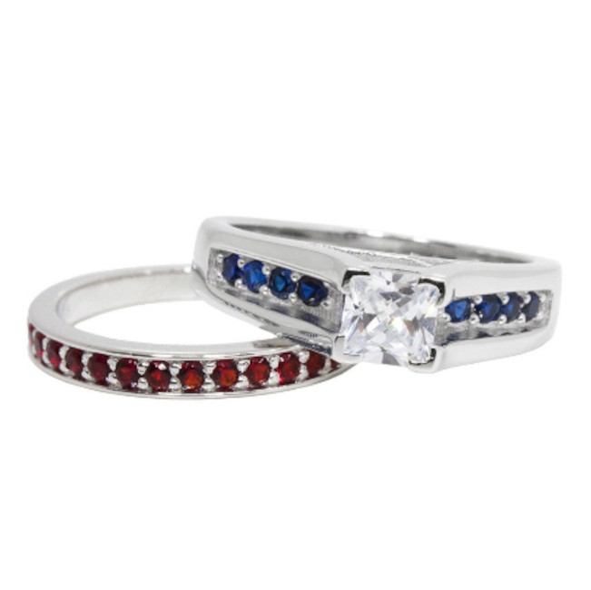 Thin Red Blue Line 2 Ring Set Princess Engagement Wedding CZ 925 Silver Sz 5 10