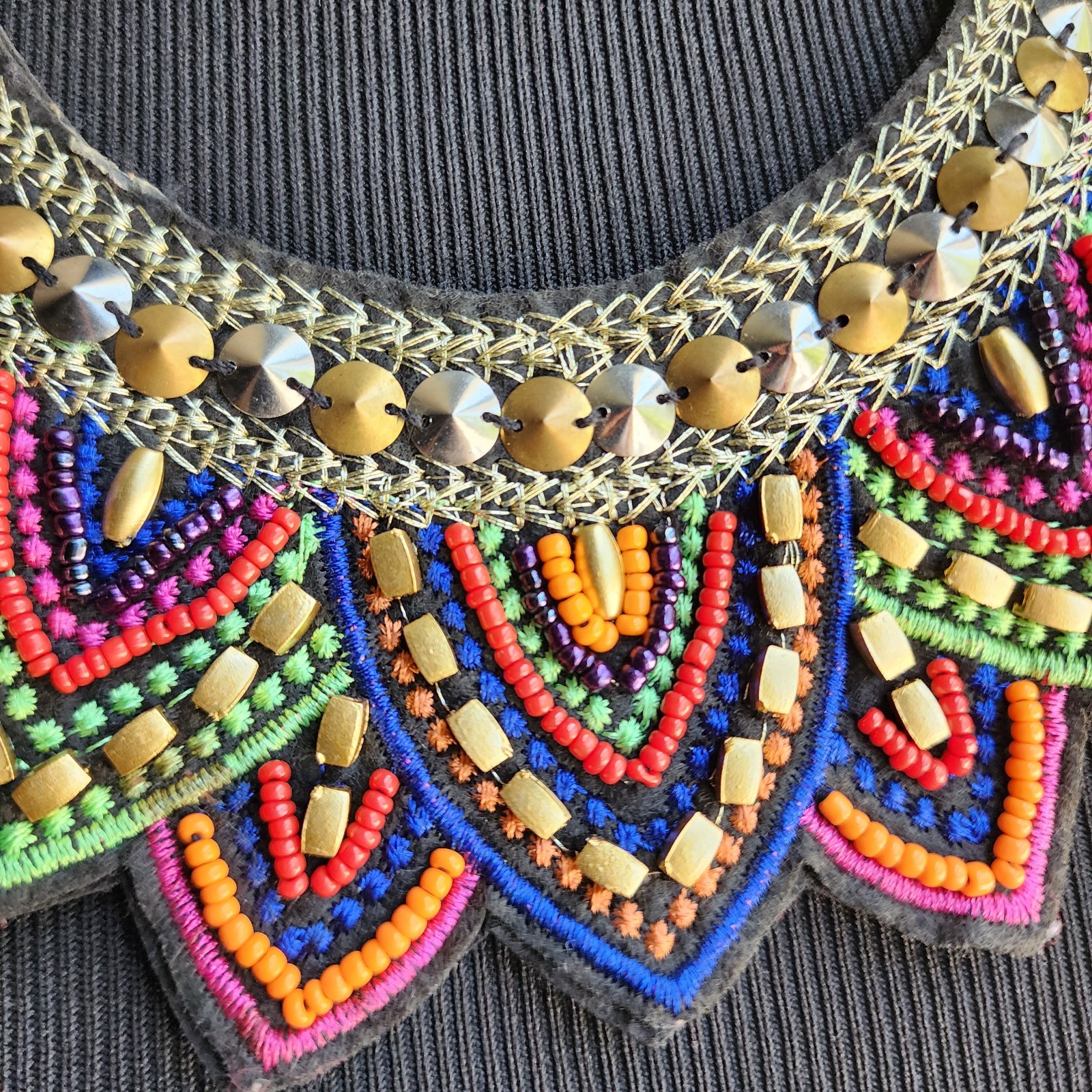 Big Beaded Tribal Collar Necklace Black Multi Brass/Silver Statement Choker Bib