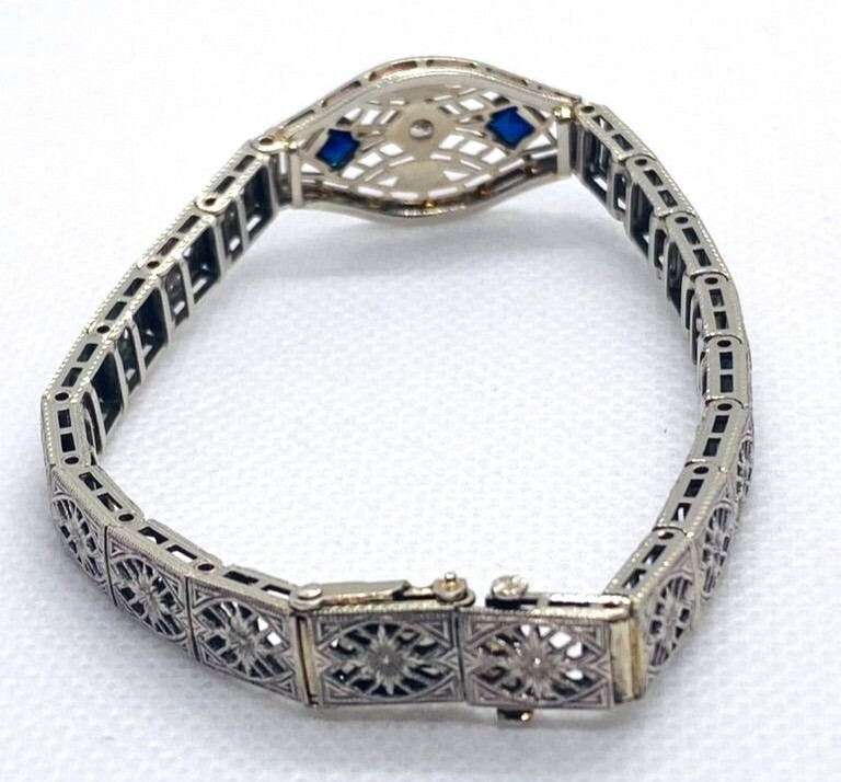 14K White Gold Die Struck Art Deco Diamond and Lab Created Sapphire Bracelet 6.5