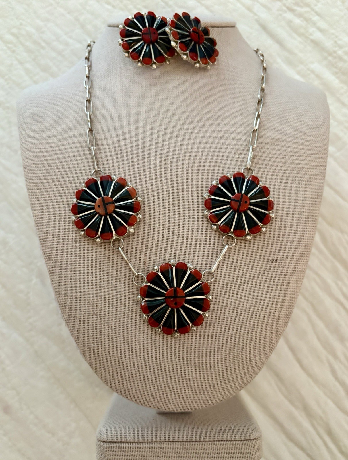 Zuni Necklace Set w Earrings in Jet and Coral-23″ Signed WCN – Sterling Silver