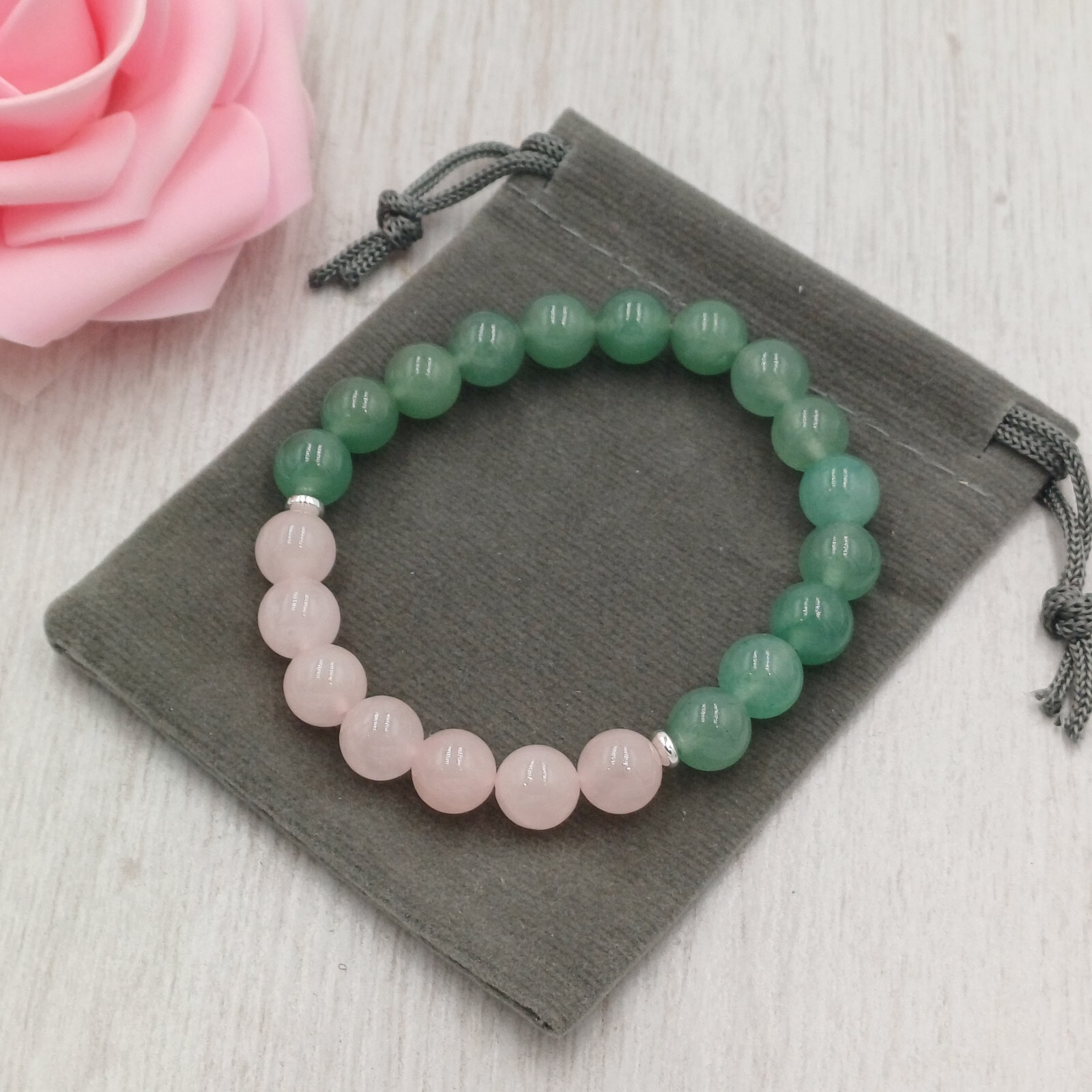 ROSE QUARTZ & AVENTURINE Handmade Crystal Healing Gemstone Stretch Bracelet.