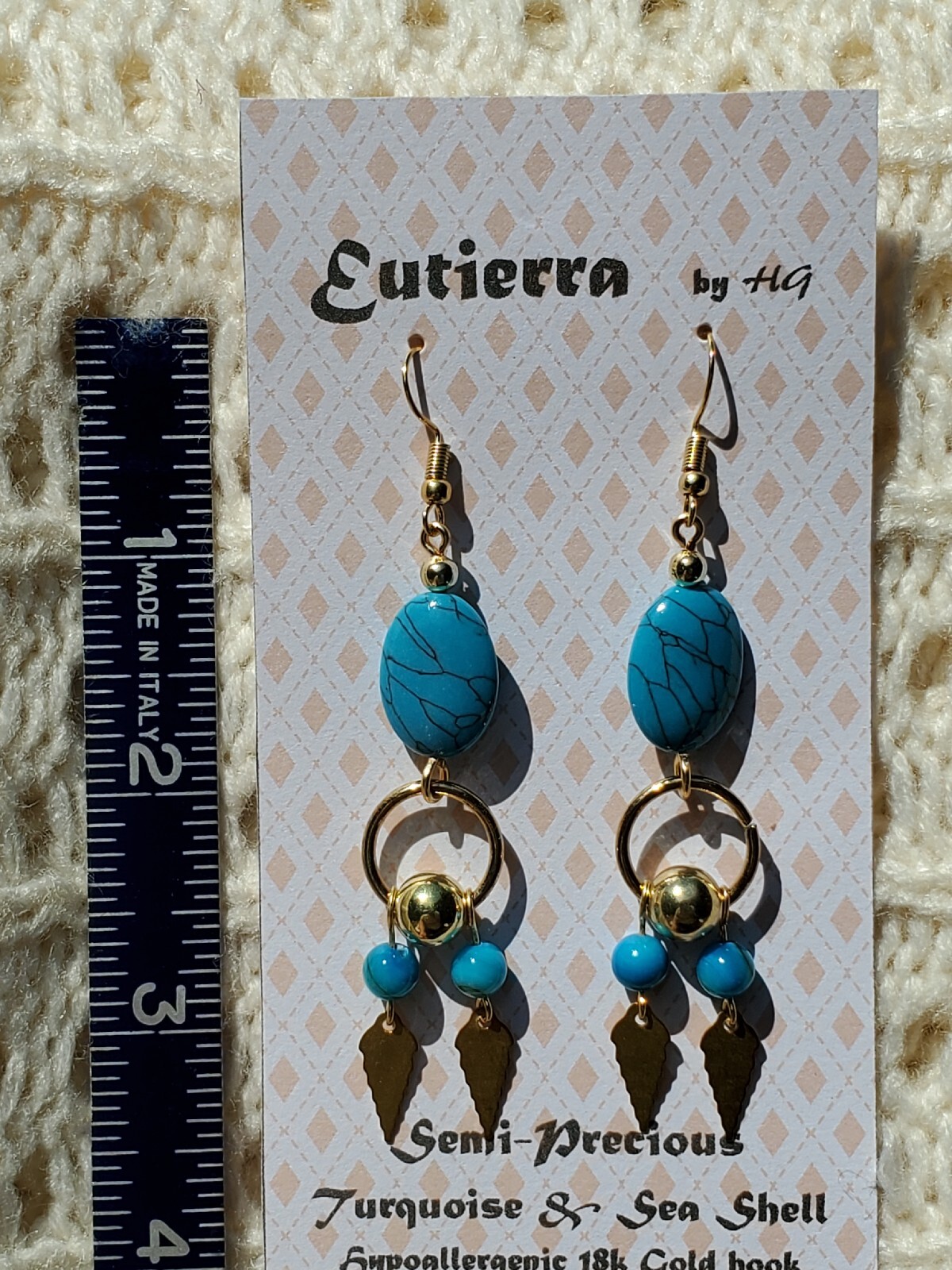 Eutierra Semi-Precious Turquoise & Sea Shell Earrings Hand Crafted In USA 3 1/4″