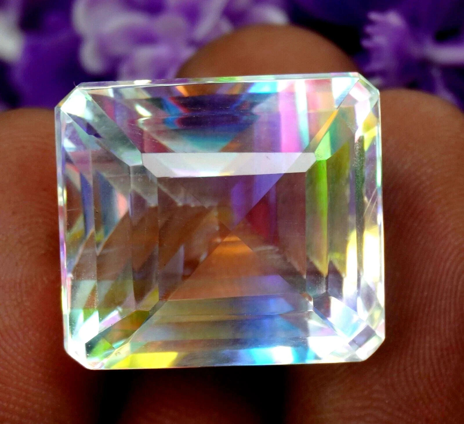 Natural Mystic Topaz Rainbow Color 48.44 CT Emerald Cut Certified Gemstone F02 A