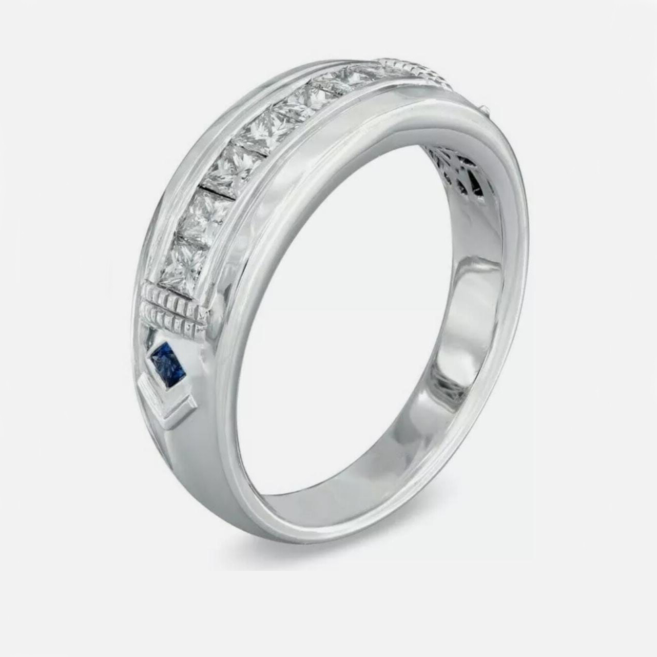 0.82Ct White & Blue Princess Men’s Wedding Ring In Solid 14K White Gold