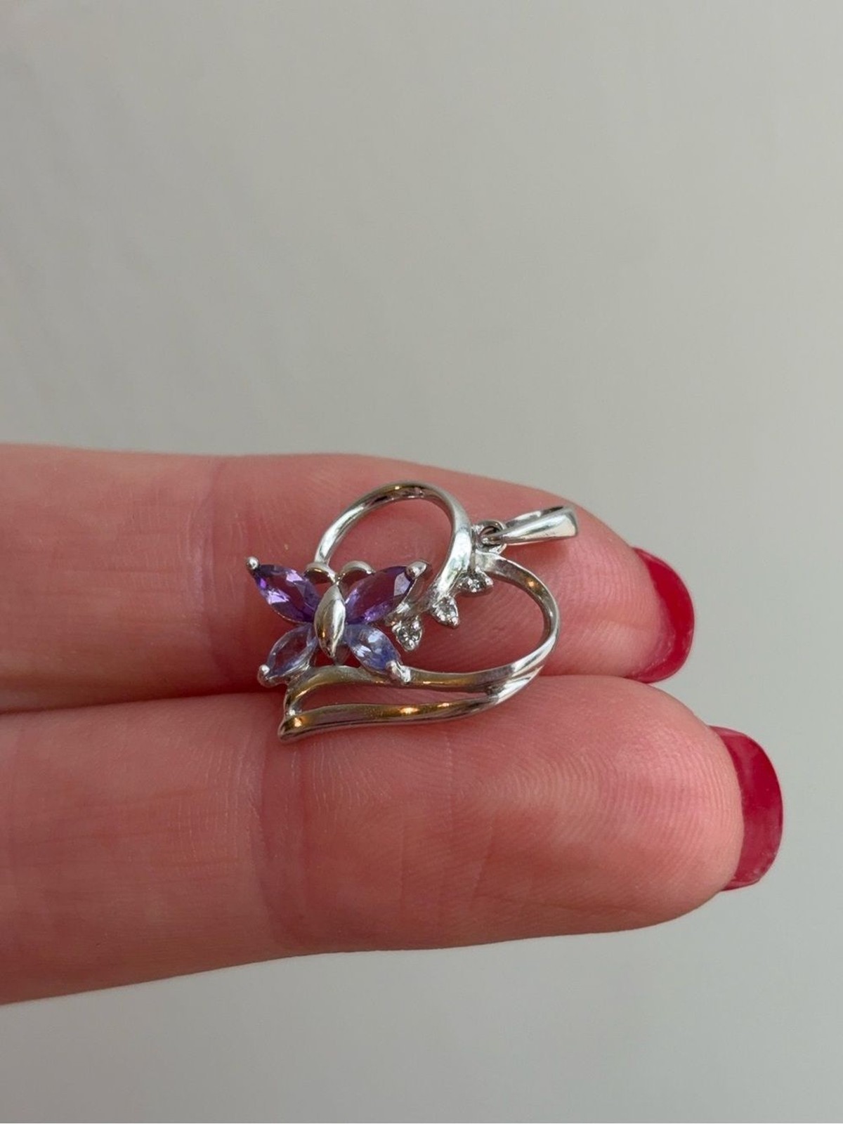 10k White Gold Diamond Tanzanite Amethyst Gemstone Butterfly Heart Pendant Charm