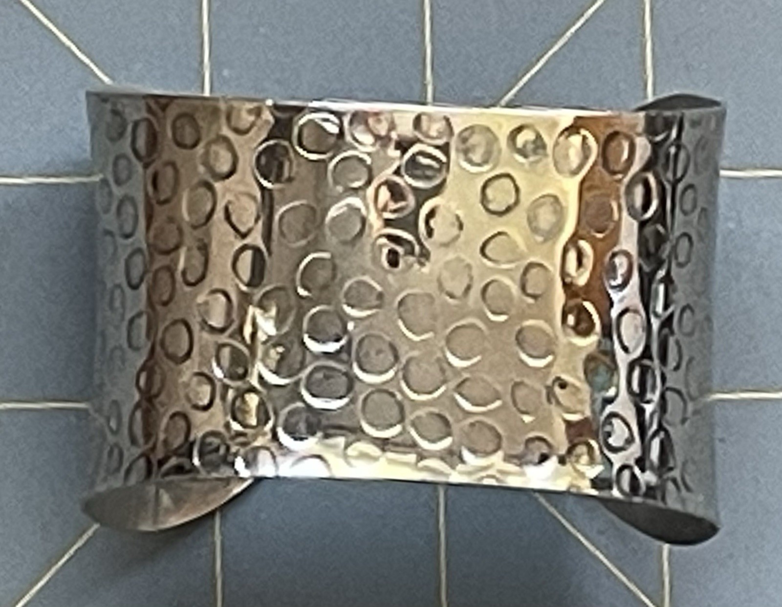 Wide Hammered Look Silver Tone Cuff Bracelet Artisan Sculptural Boho Statement