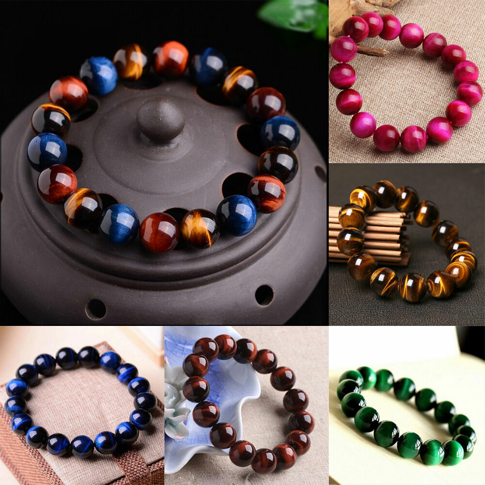 100% Natural AAA+ Gemstone Tigers Eye Stone Beads Woman Man Bracelet 7.5 Inch