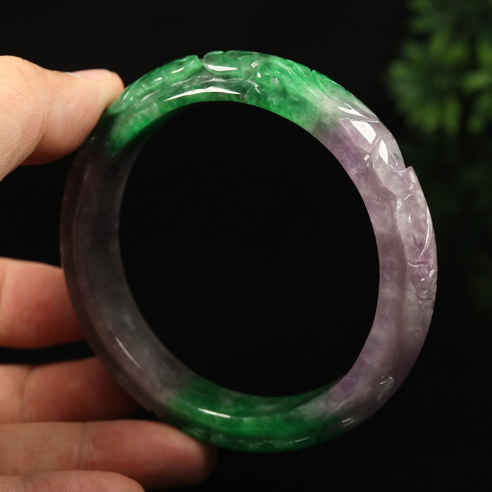 64mm Lavender Purple Green Jadeite Jade Bangle Bracelet Bat Ruyi Fish A-14801