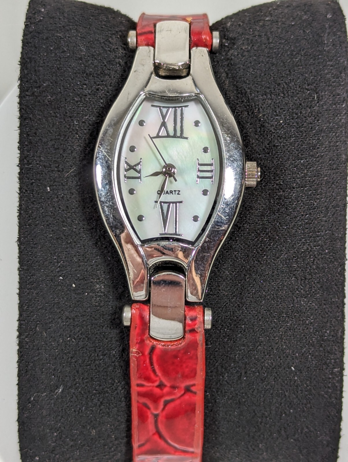 White Pearlized Dial Silver Tone Rectangle Case Red Leather Band Watch 7.25 In