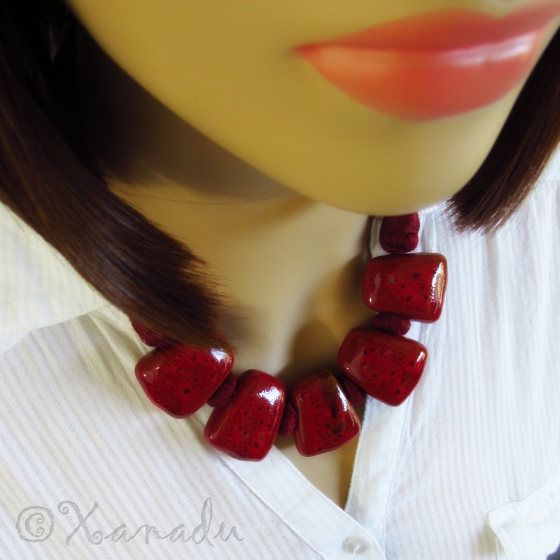 Crimson Red Porcelain Necklace With Eclectic Maroon Red Cotton Thread Chain