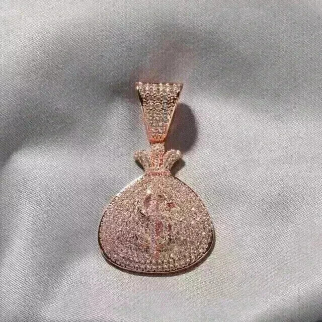 Real Moissanite 2Ct Round Cut Custom Money Bag Pendant 14K Rose Gold Plated
