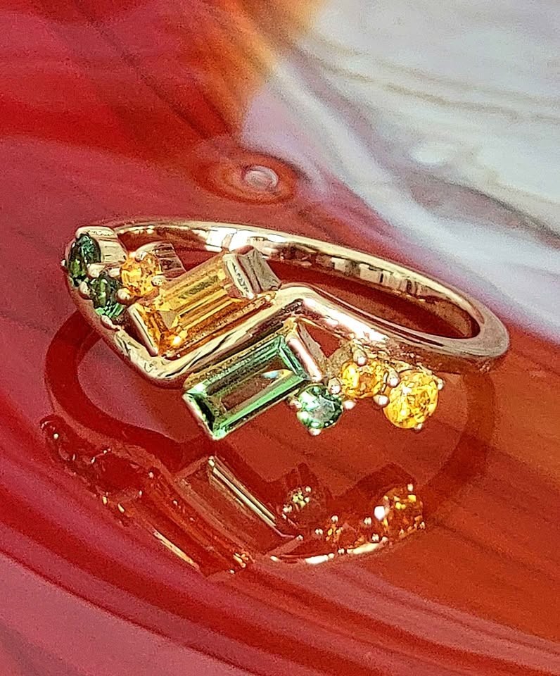 10K Yellow Gold Natural Tsavorite and Spessartite Garnet Ring Size 7 NEW