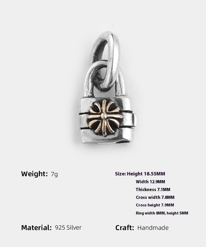 Handmade Artisan Gothic Padlock S925 Sterling Silver Floral Cross Amulet Pendant