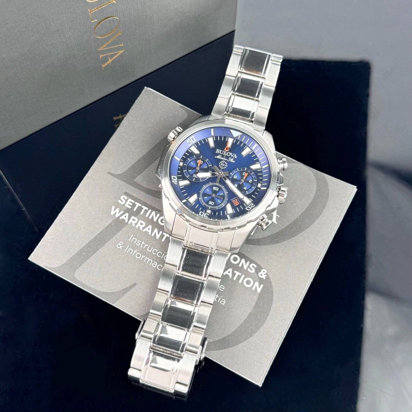 Bulova Marine Star Chronograph Blue Dial Stainless Steel Men’s Watch 43MM 96B256
