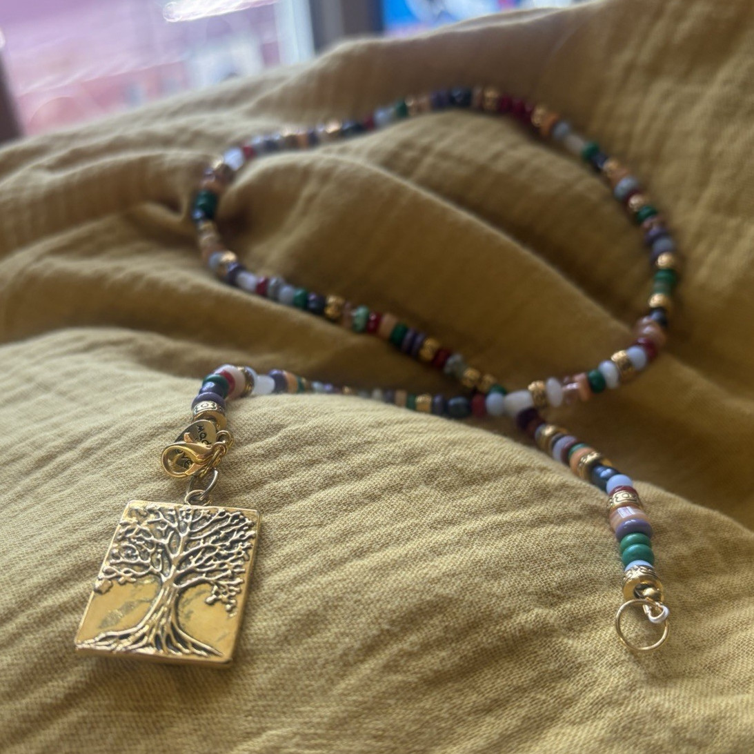Handmade Multicolor Beaded Necklace Tree of Life Pendant Lobster 20 in