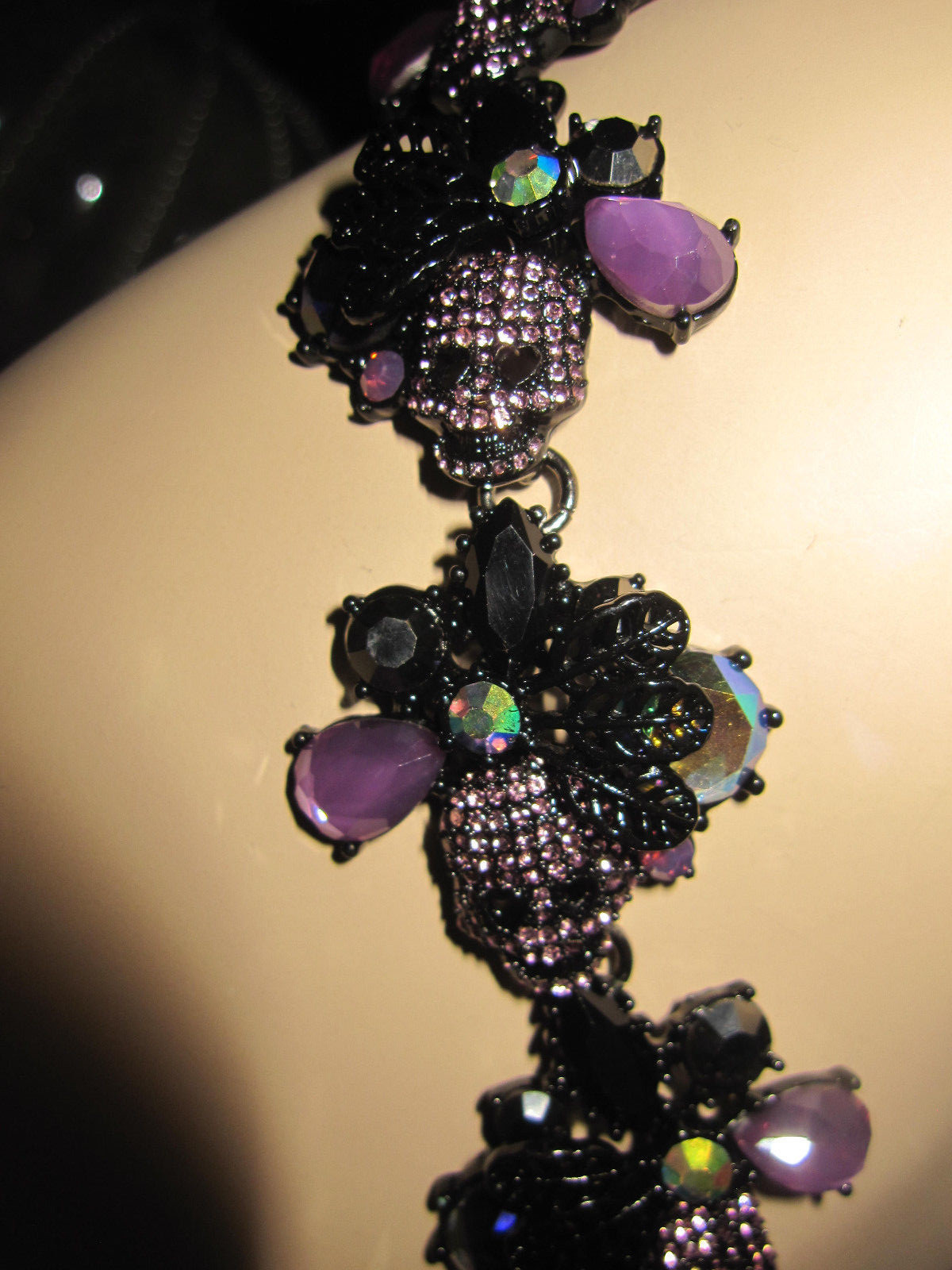 BETSEY JOHNSON DARK MAGIC BLACK WITH BLING SKULLS AND FLOWERS STATEMENT NECKLACE