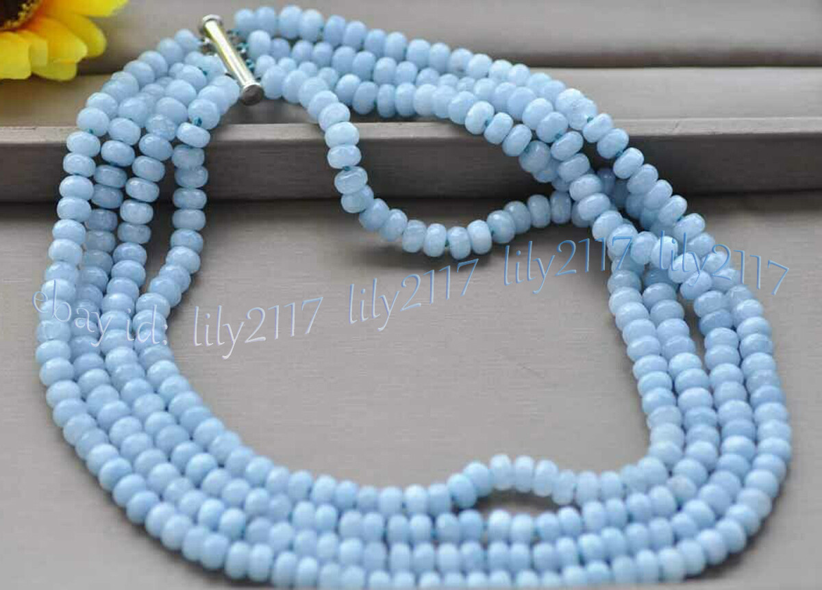 4 Rows Faceted 5x8mm Blue Aquamarine Gemstone Roundel Beads Necklaces 17-20”