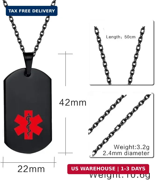 BLOOD THINNER Medical Alert Necklace Black Engraved Stainless Steel Medical ID T
