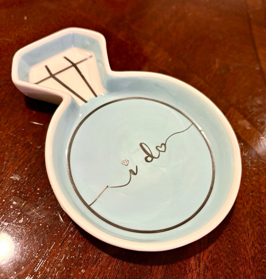 Kate Aspen Ceramic Wedding Ring Jewelry Dish “I Do” Blue/White Novelty Shape