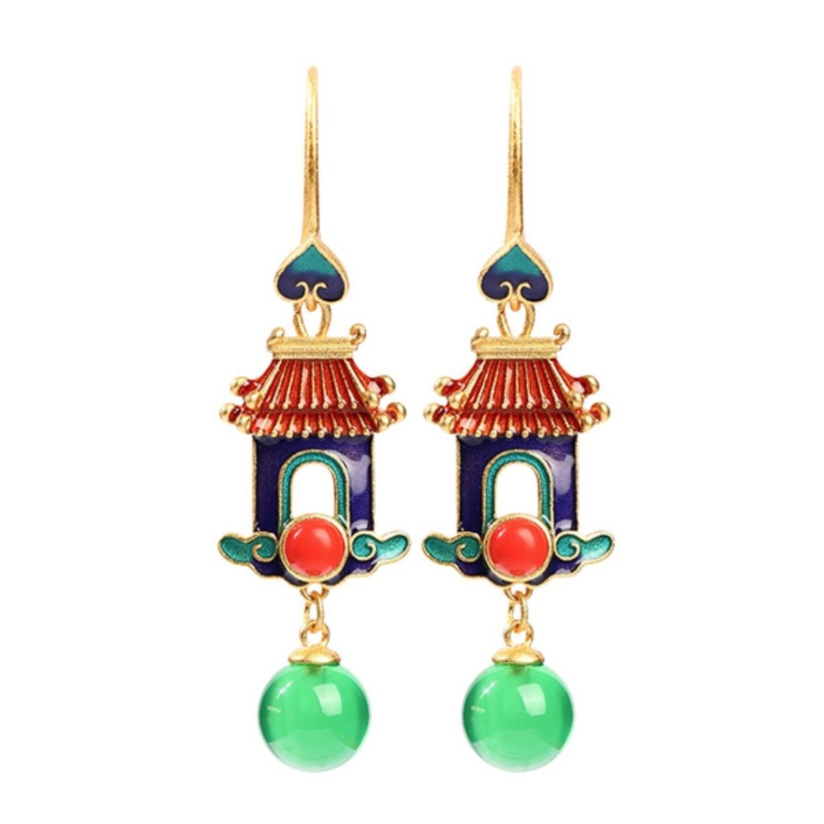 Chinese Enamel Gold Plated Earrings Palace Style Green Chalcedony Dangle