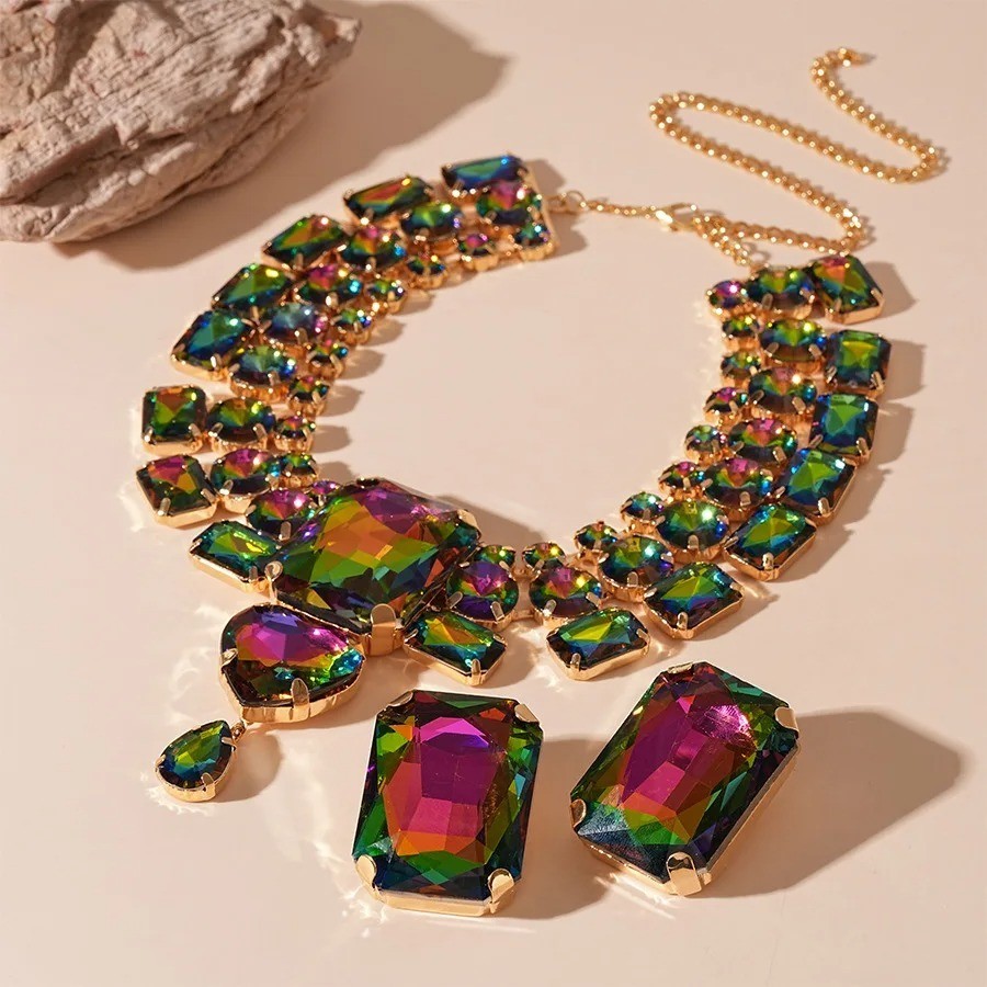 Rhinestone AB Crystal Necklace Earrings Set Choker Party Prom For Women
