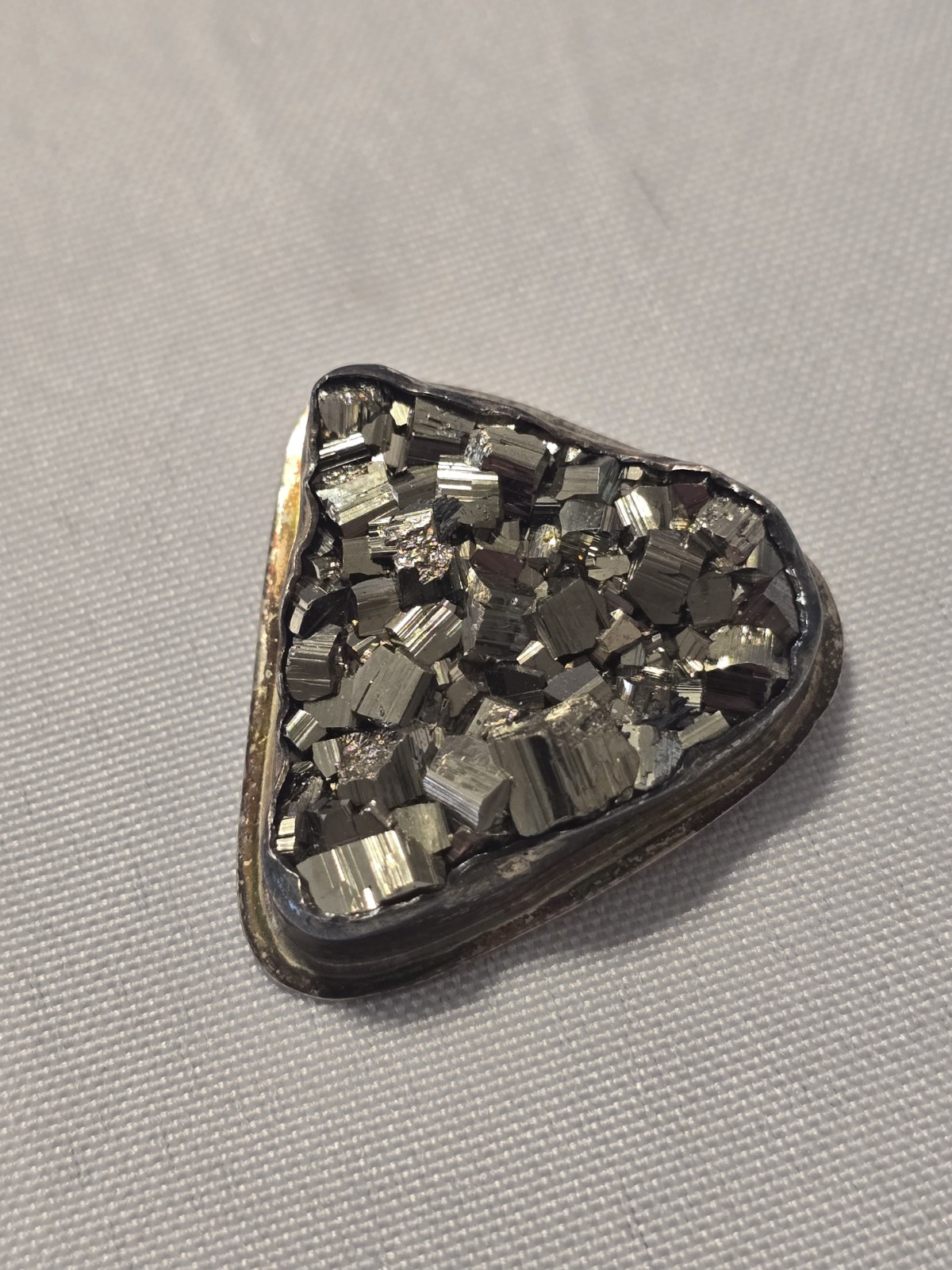 Sterling Silver Pyrite Druzy Pendant – Signed 925 – Natural Crystal Triangle