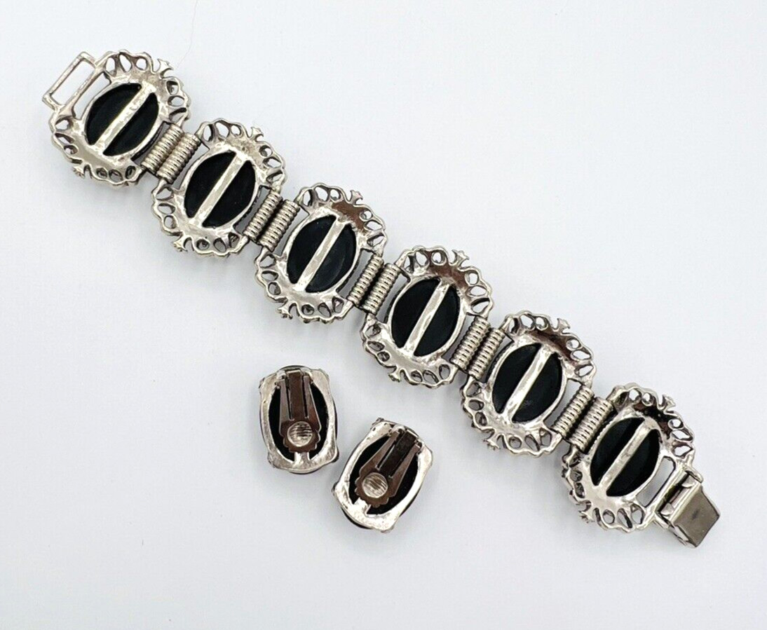 Vintage Silver Tone Black Cabochon Bracelet Clip On Earrings Set