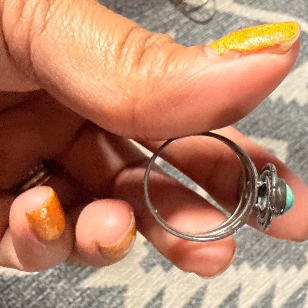 Southwestern Double Teardrop Turquoise Statement Ring Silver Tone Split Shank