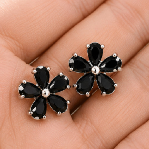 2.32Ct Pear Cut Simulated Black Onyx Flower Stud Earrings 14k White Gold Plated