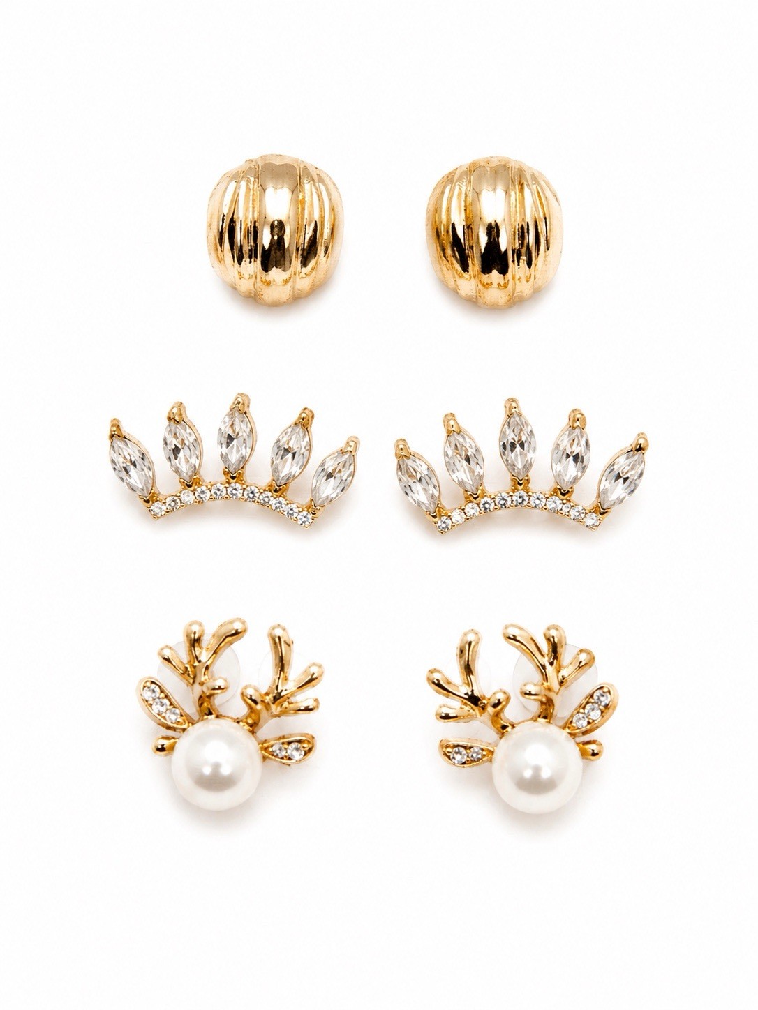 3 Pairs Gold Tone Stud Earrings Set Pearl Crown Rhinestone Gift Box Included