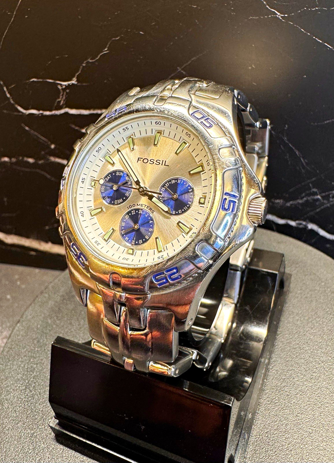 Fossil Blue BQ-9165 VTG Men’s Quartz Watch 100M Stainless Steel Silver/Blue Dial