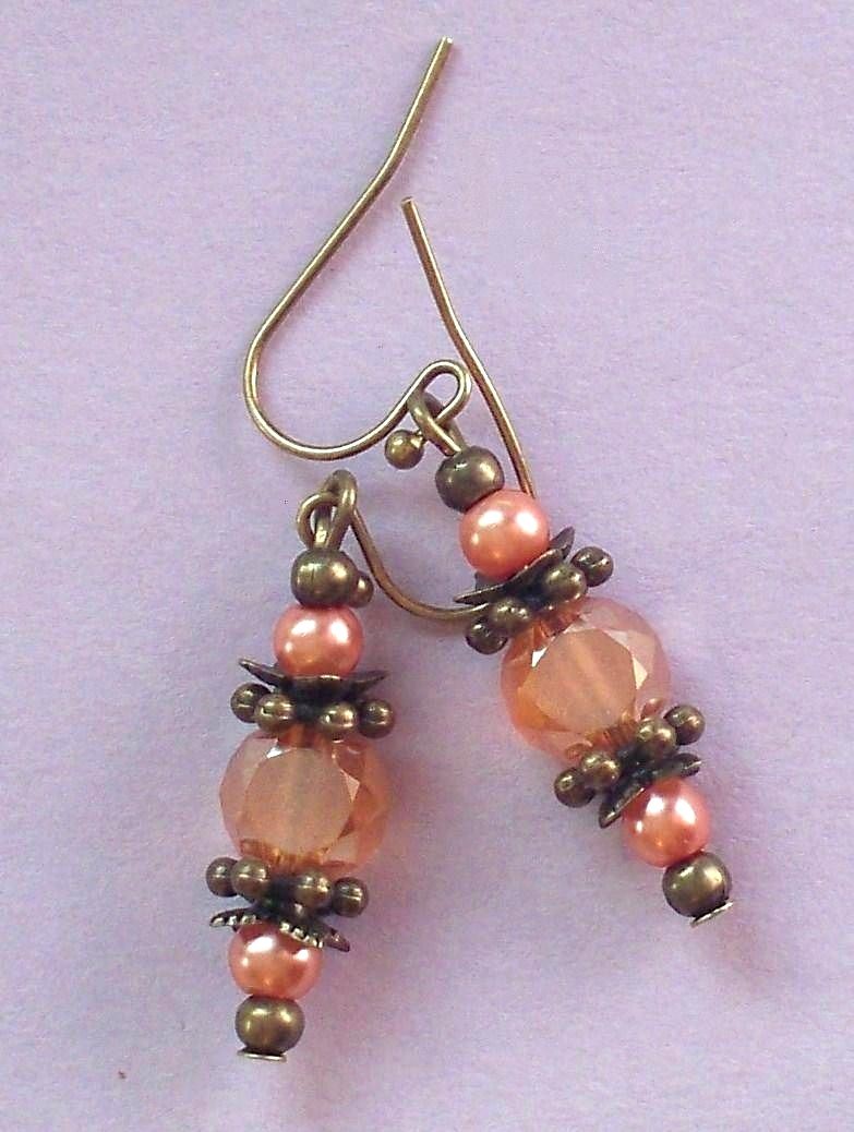 APRICOT Frosted CRYSTAL orange GLASS PEARL earring BRONZE french hook