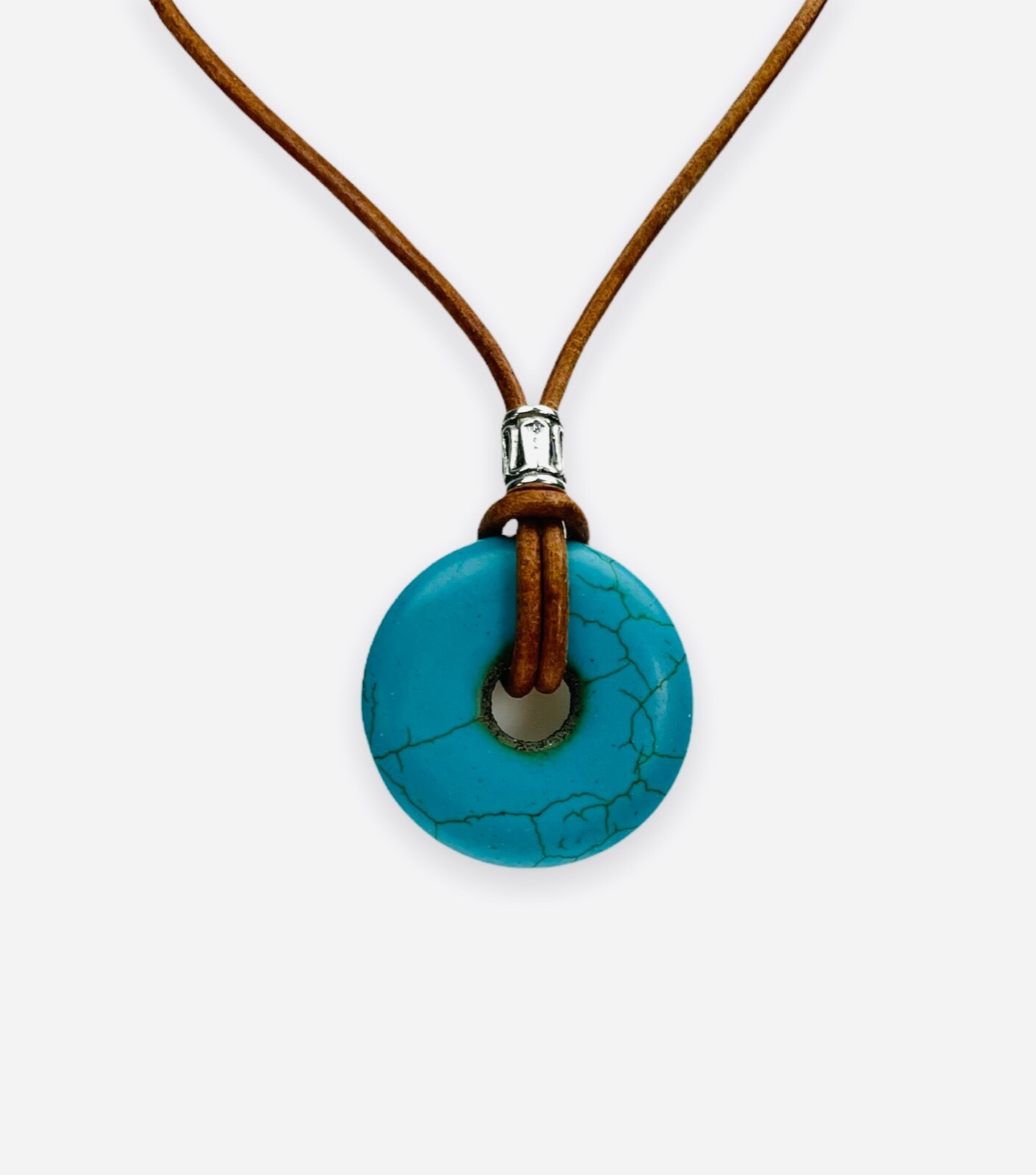 Crackle Turquoise Donut Necklace 30mm Brown Leather Cord Stainless Steel Clasp