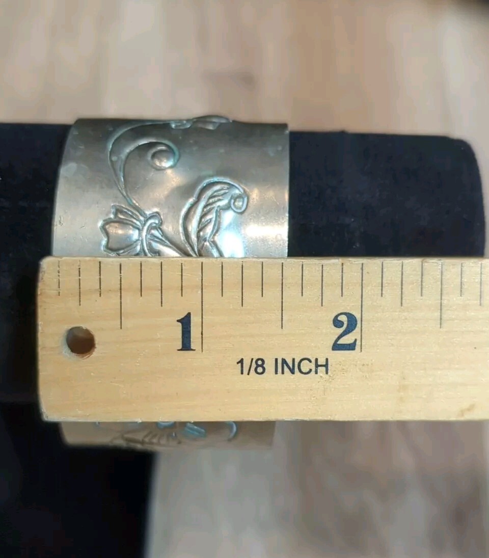 Vtg Engraved Nickel Silver Floral Cuff Bracelet Adjustable