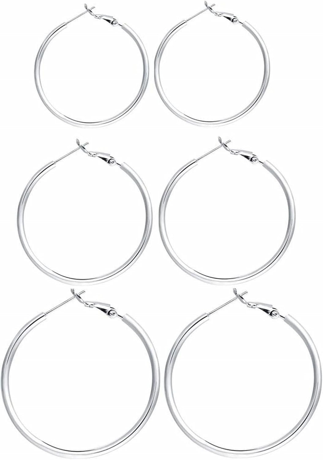 3 Pairs Sterling Silver Hoop Earrings, 14K White Gold Plated Big Hoop Earrings S