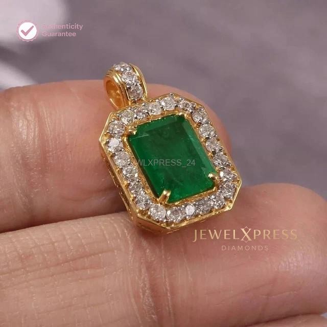 Natural Green Emerald 2Ct Emerald Cut Women Halo Pendant 14K Yellow Gold