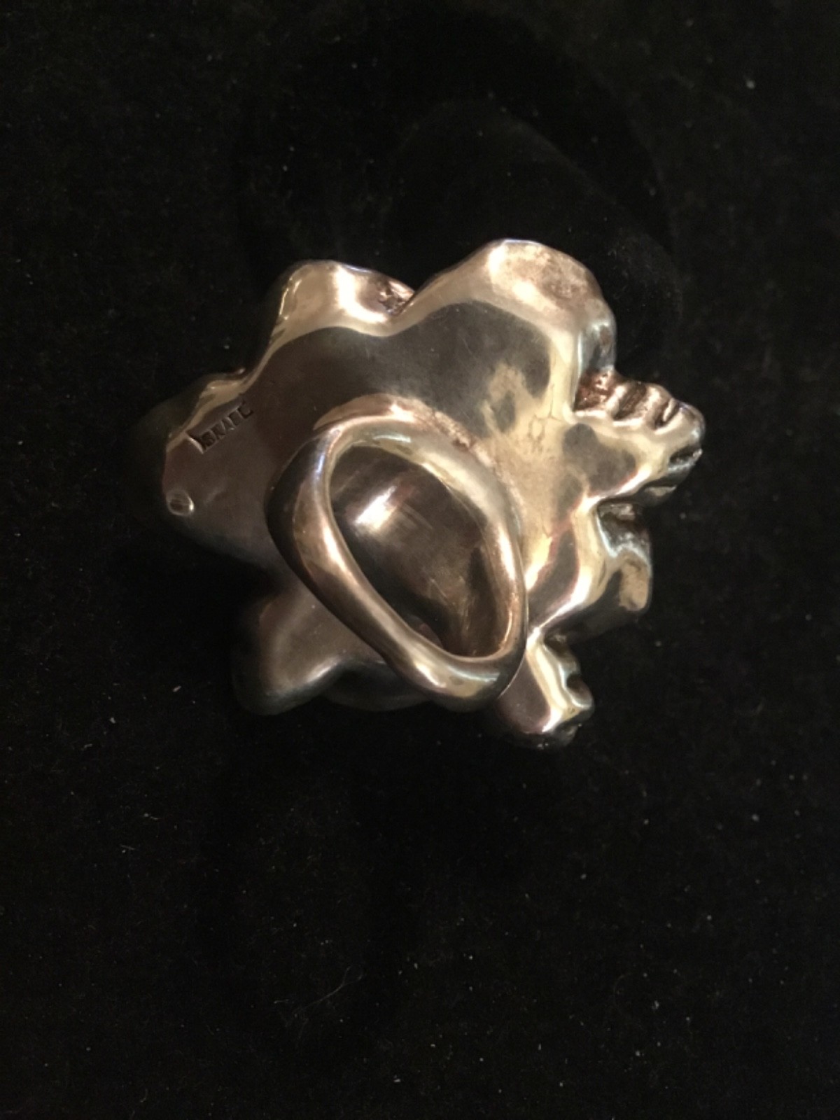 Large Signed ISRAEL Electroform Silver Tone Repousse Artisan Flower Ring-Size 6