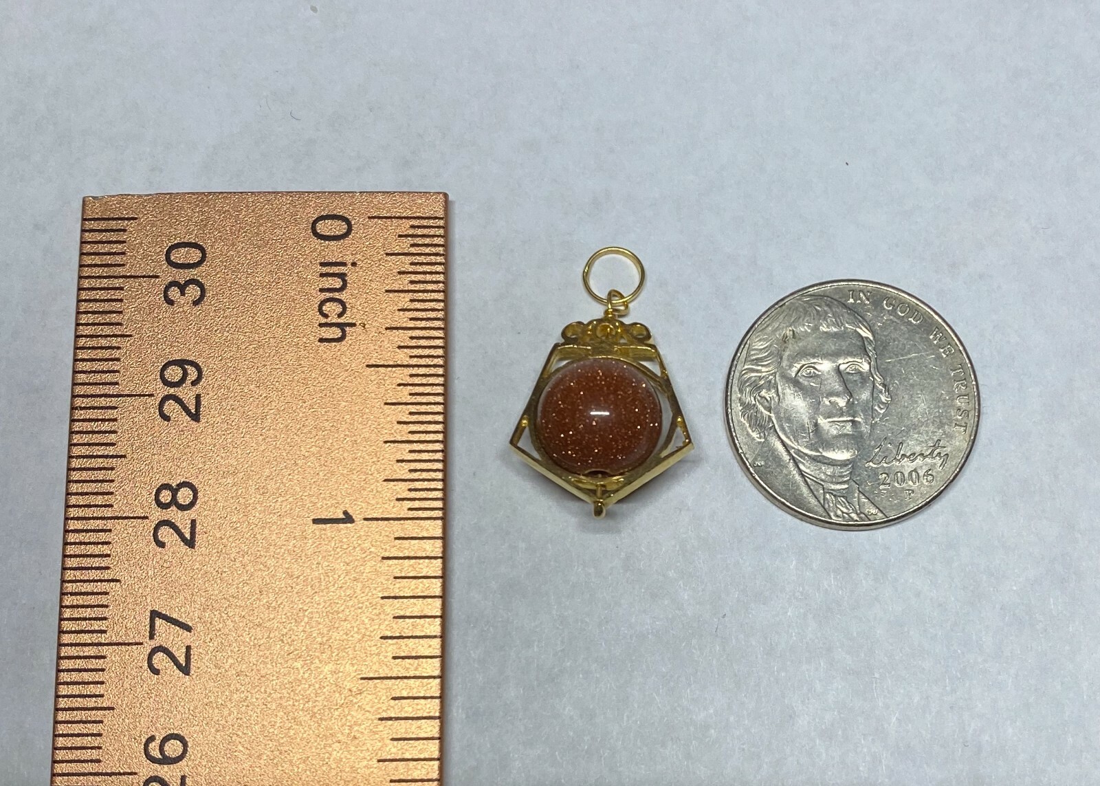 NOS 14K Ylw Gold Goldstone Venturina 10mm Bead Pentagon Shape Spinner Pendant