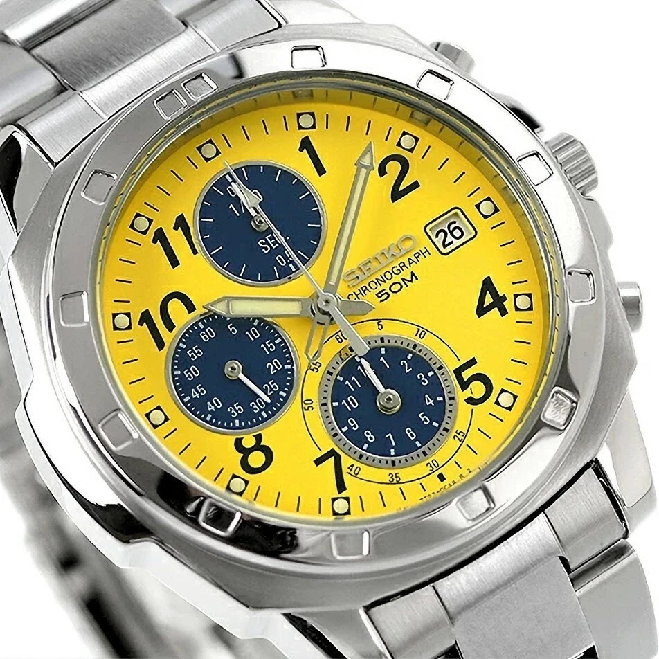 SEIKO SND409 Chronograph Yellow x Navy Stainless Steel Quartz Watch 38mm