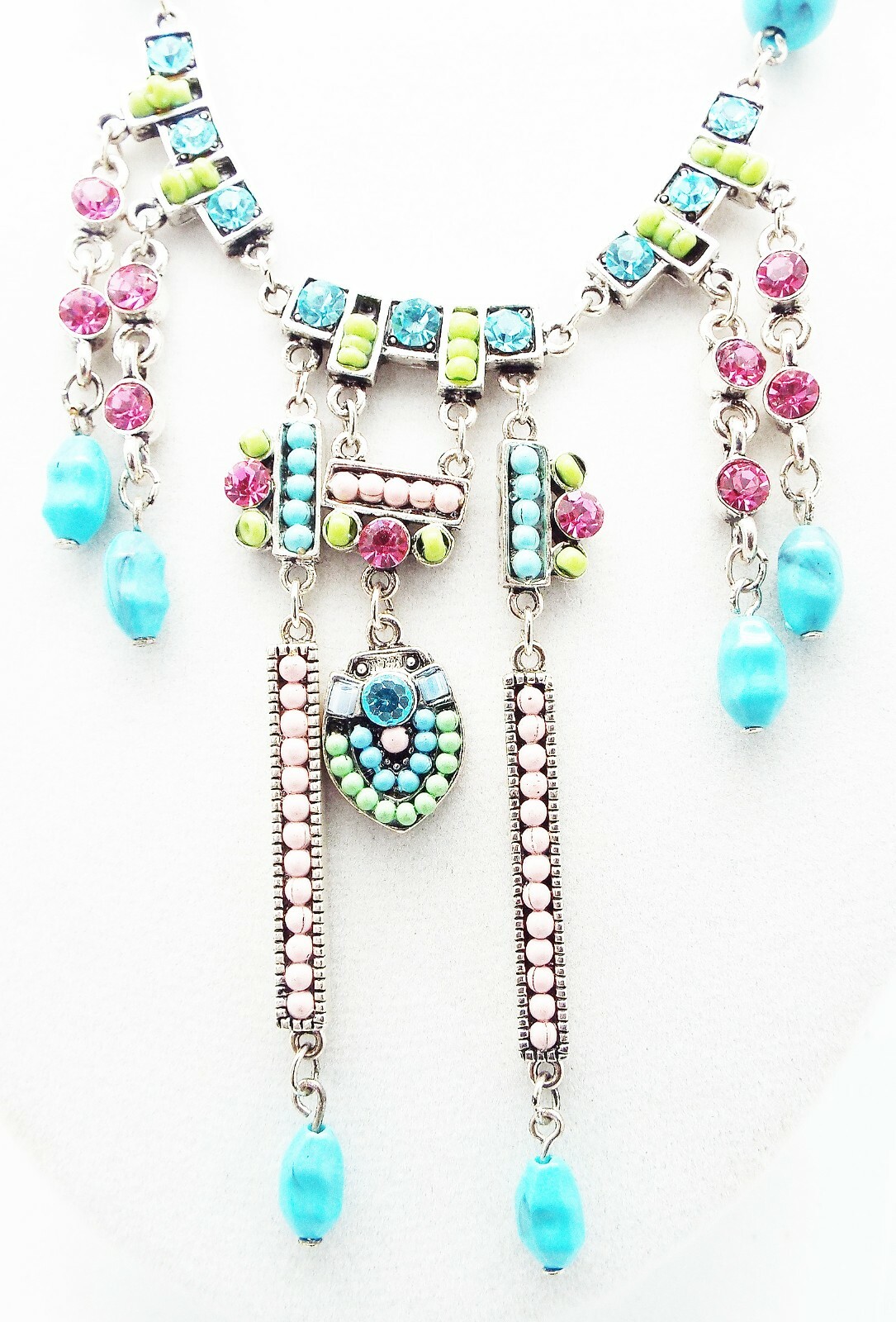 DESIGNER INSPIRED PINK CRYSTAL BLUE FAUX TURQUOISE ACRYLIC SILVER JEWELRY SET
