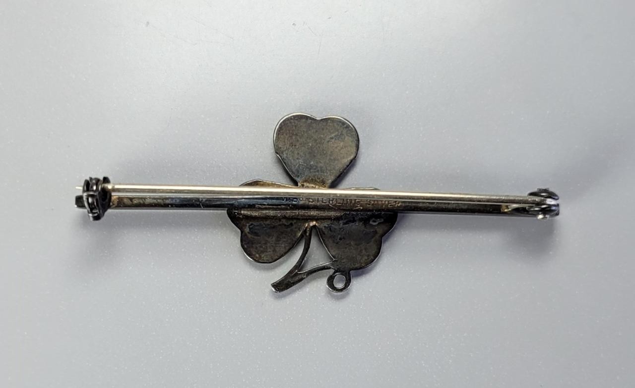 Vintage Green Enamel Sterling Silver Brooch Shamrock 3 Leaf Clover Bar Pin