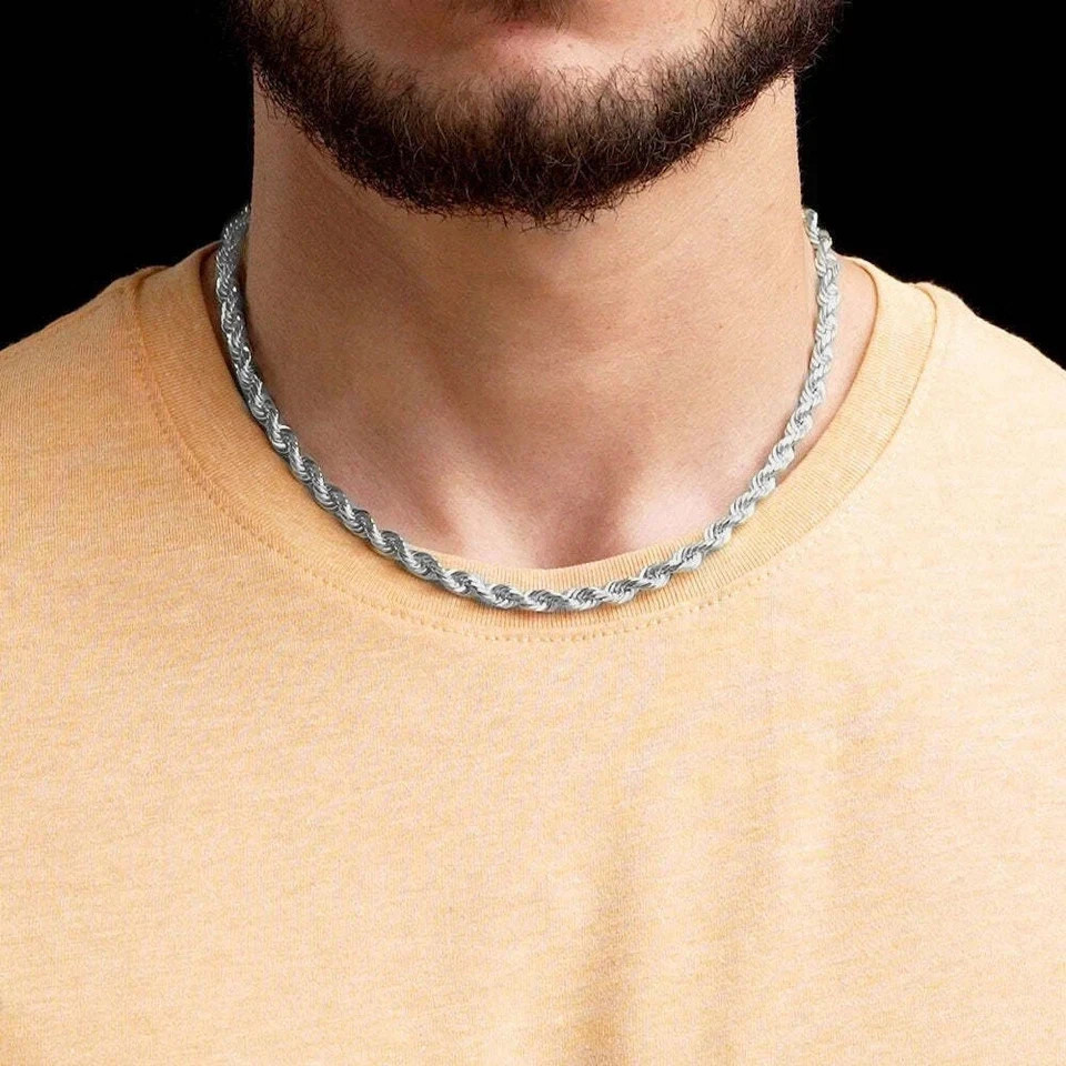 Solid 925 Sterling Silver Italian Rope Chain Mens Necklace 6mm – Diamond Cut
