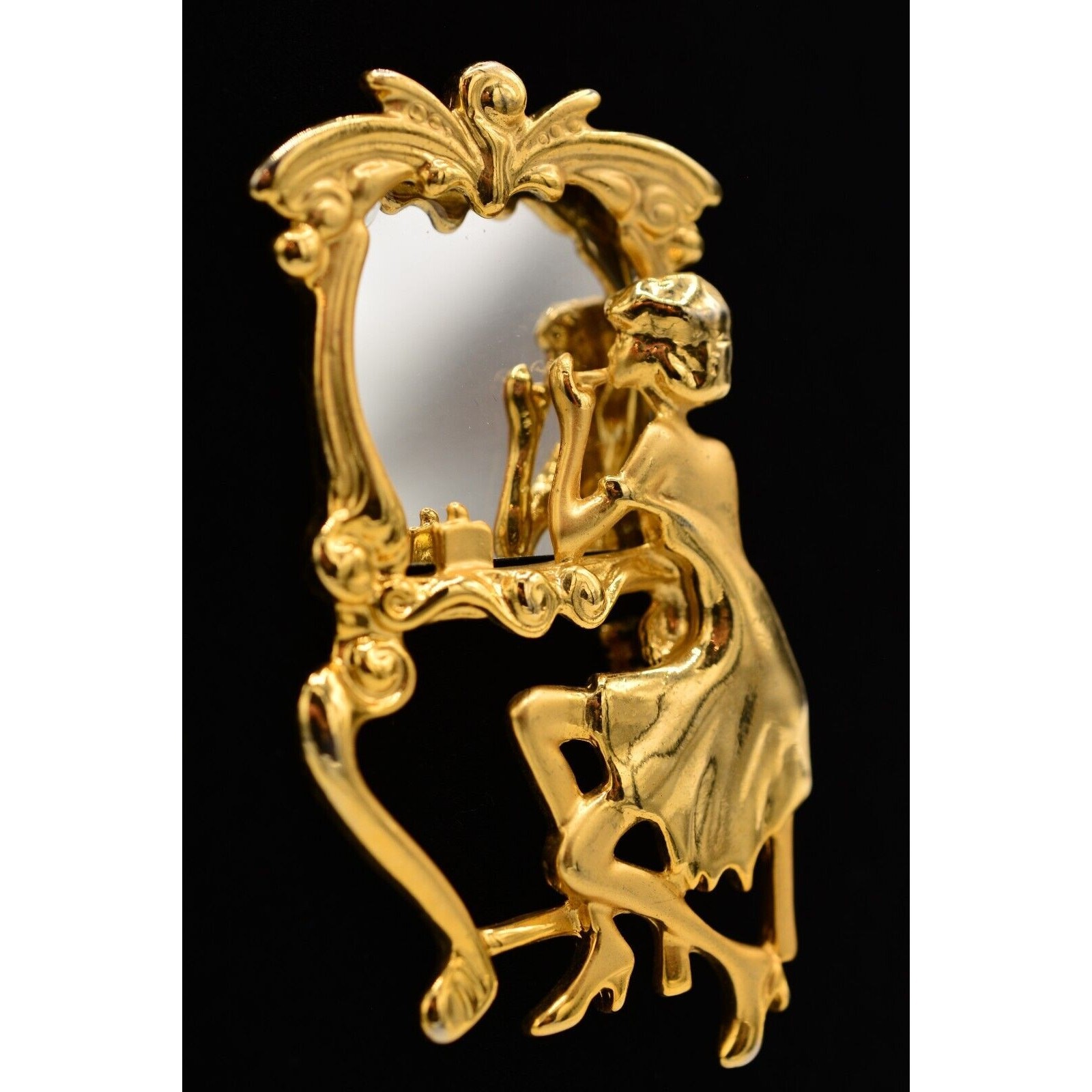 Vintage Vanity Mirror Pin Brooch Woman Beauty Brushed Gold Retro NOS 1980s BinA3
