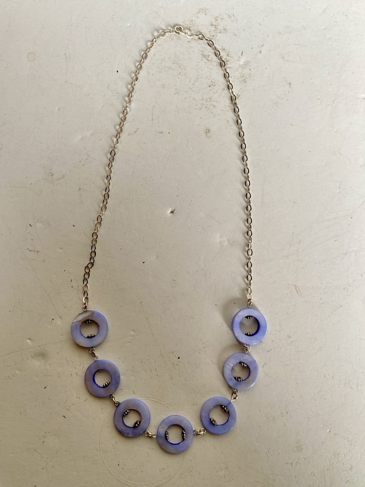 Periwinkle Blue Mother of Pearl Disc and Sterling Silver 925 Necklace 19″L