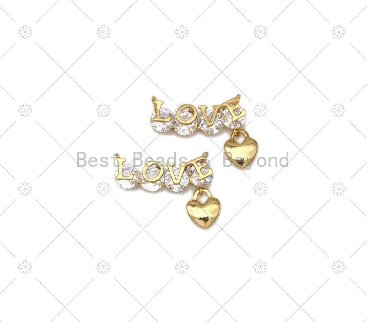 CZ Micropave Love Word with Dianty Heart Shape Pendant, 18K Gold Filled Big